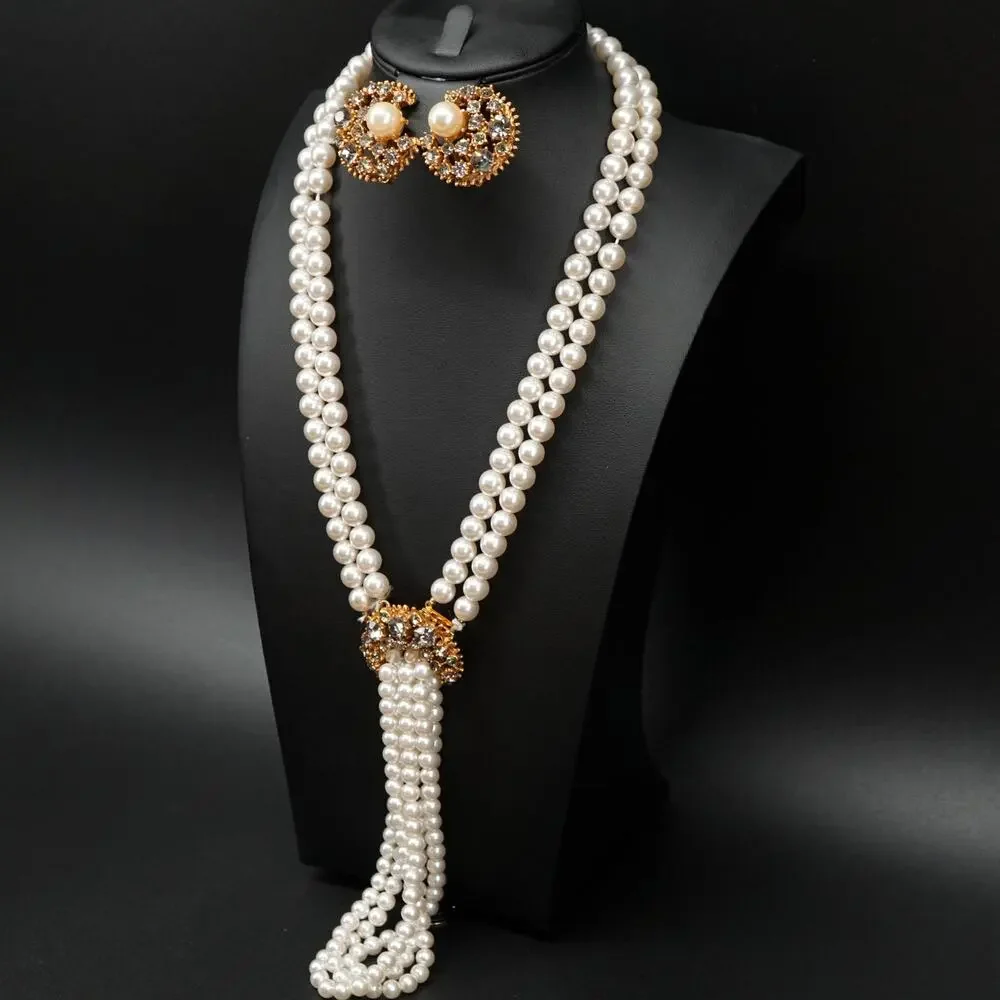 Vintage Hattie Carnegie 1940s Faux Pearl Rhinestone Necklace Earring Set Tassel
